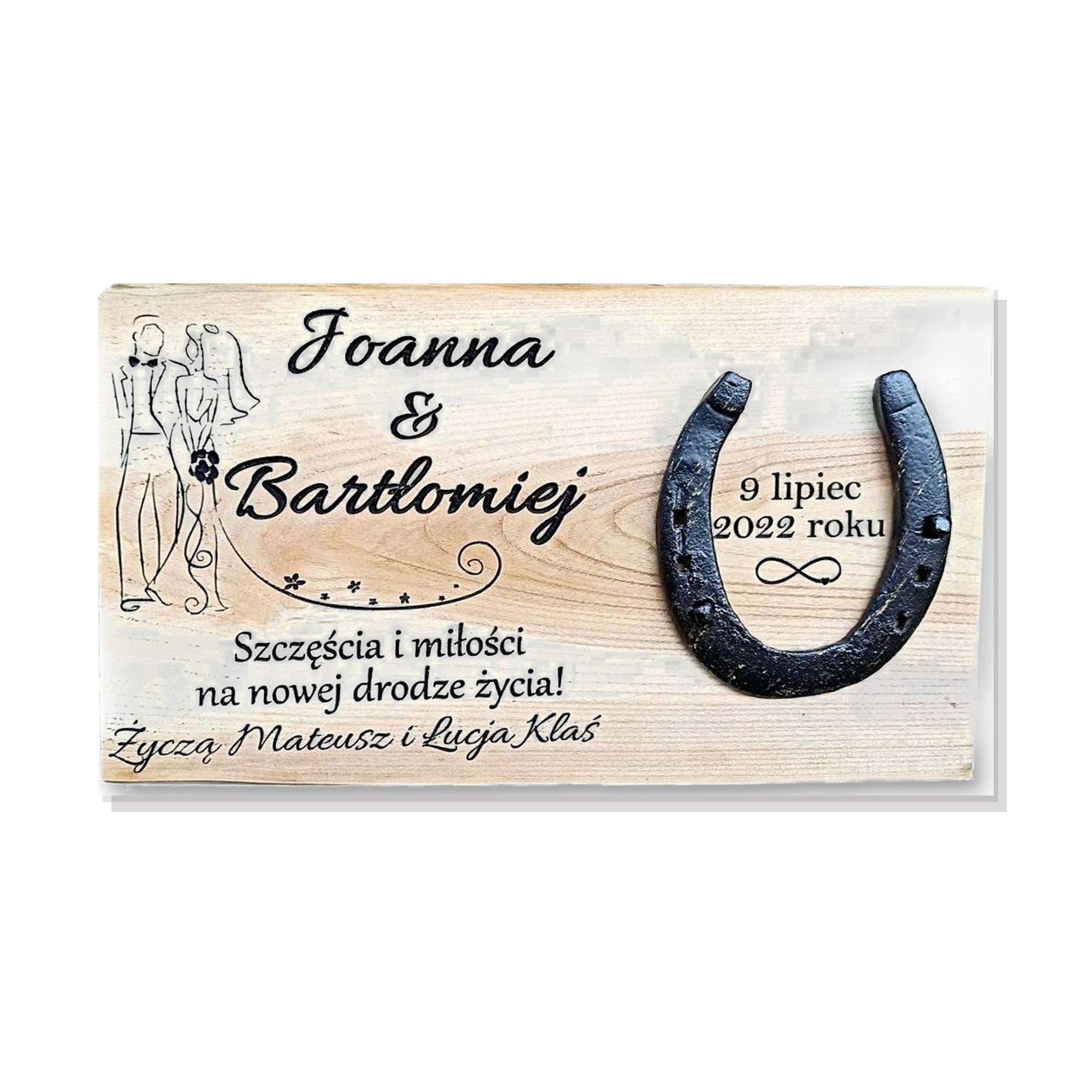 Personalizovaná svatební deska s podkovou 35 x 20 cm pro novomanžele