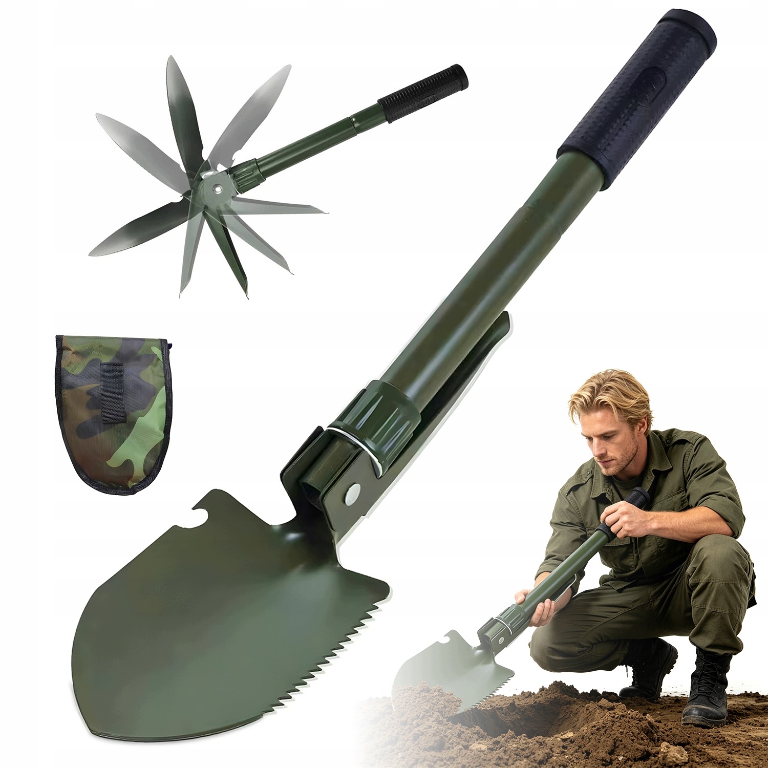 Łopata Taktyczna Składana 2W1 Do Kempingu Survivalu Z Torbą Zielona