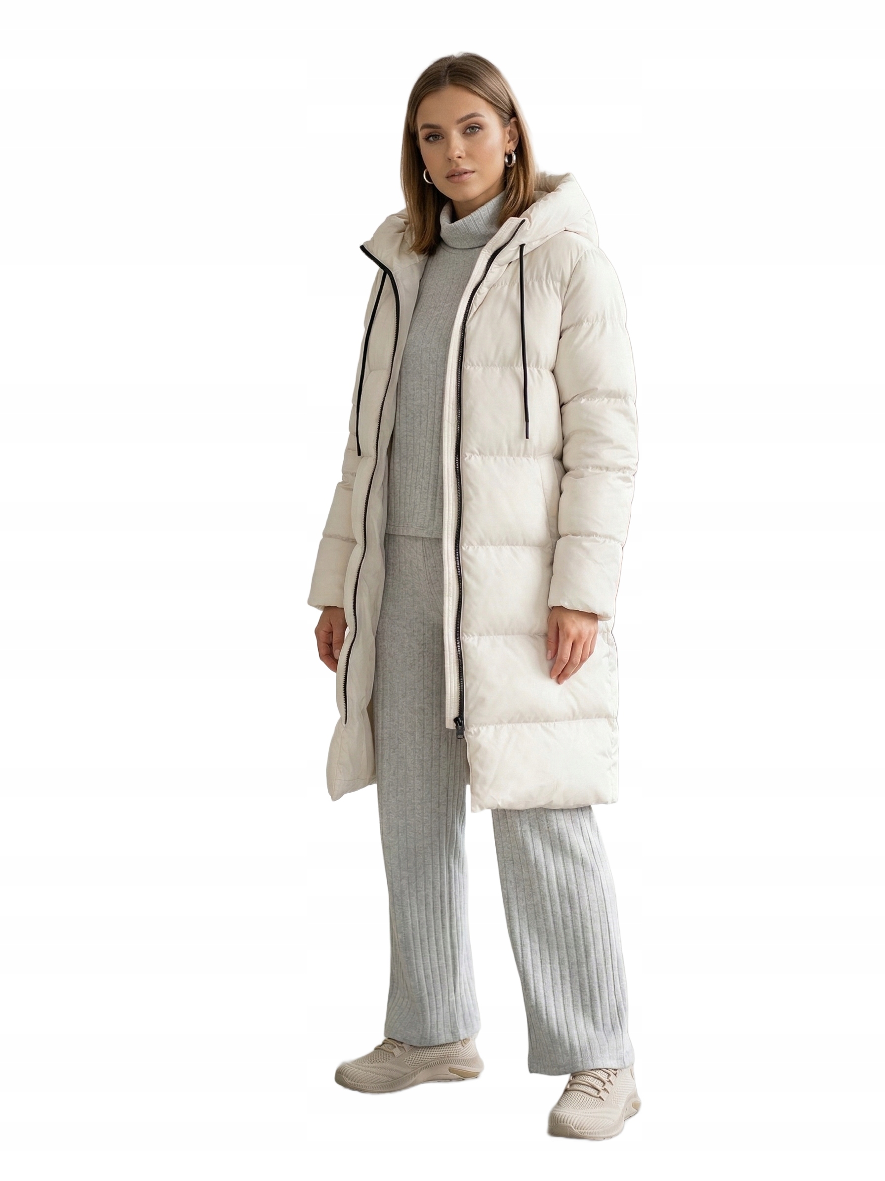 Ecru Prošívaná Bunda S Kapucí S Dlouhým Zipem 38 Opa