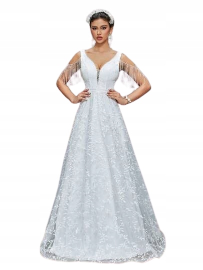 Shein Bílá Svatební Šaty Linie S Ozdobnými Střapci 42 1JH