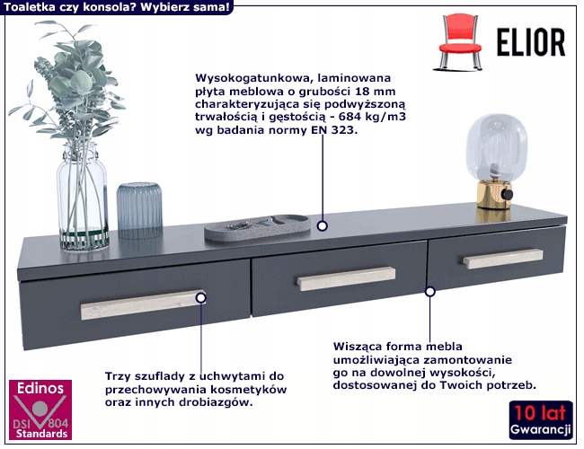 KONSOLA WISZĄCA TOALETKA ŚCIENNA CZARNA = SZUFLADY Marka Elior