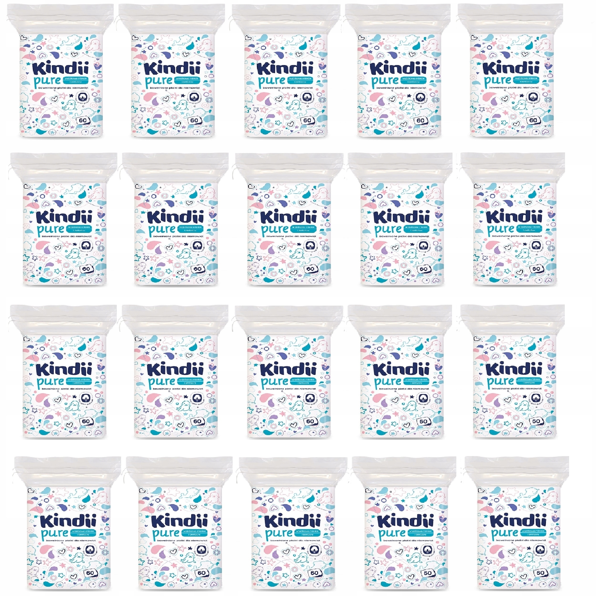 KINDII PURE DUŻE KWADRATOWE BAWEŁNIANE PŁATKI DLA NIEMOWLĄT 60 SZT