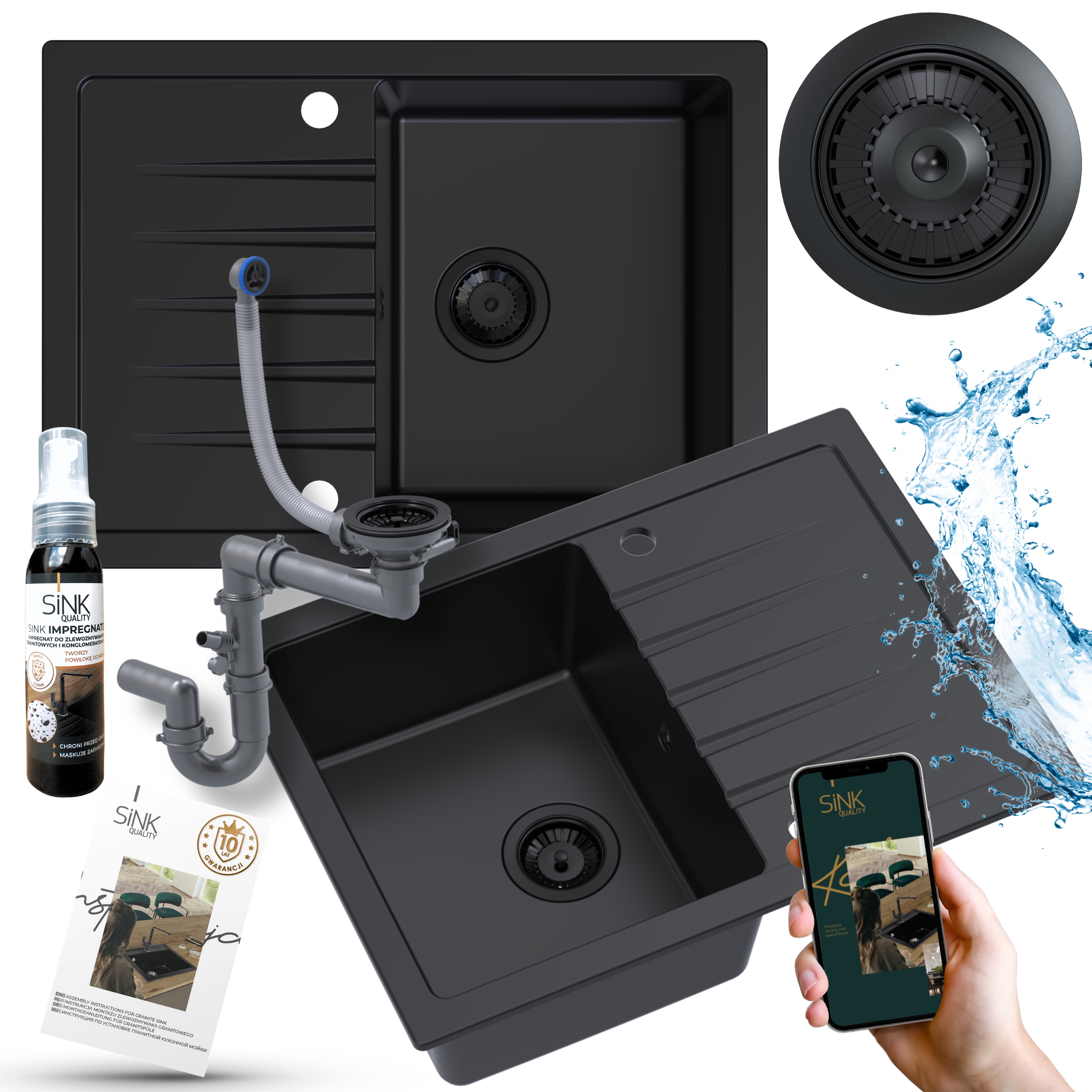 Granitový Drez 68x50 Čierny Mat Titanite Sifón Darček Impregnat