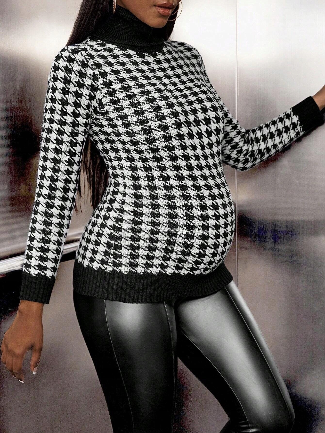 SHEIN Sweter ciążowy z golfem w pepitkę L