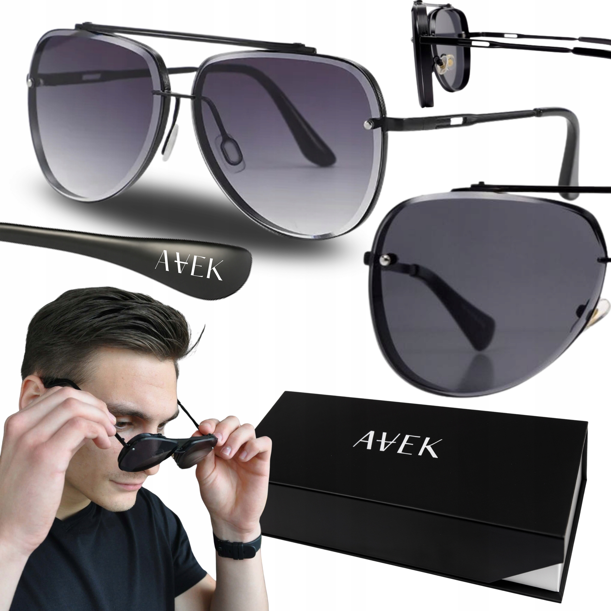 Okulary Przeciwsłoneczne Męskie UV400 Filtr Uv 400 Czarne Etui Ce Pilotki