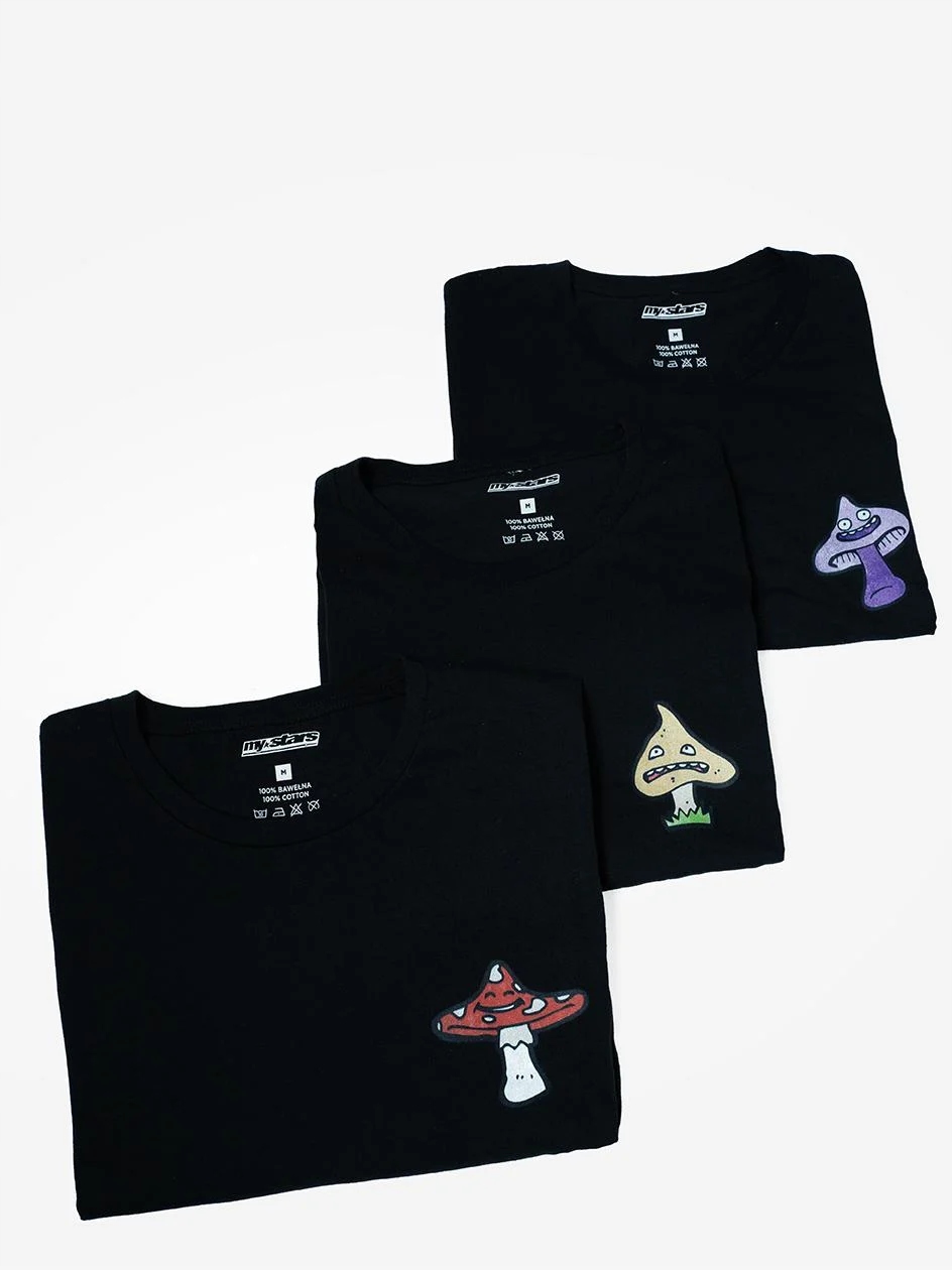 Sada 3 Kusů Černých Pánských Triček Mystars Houby XL