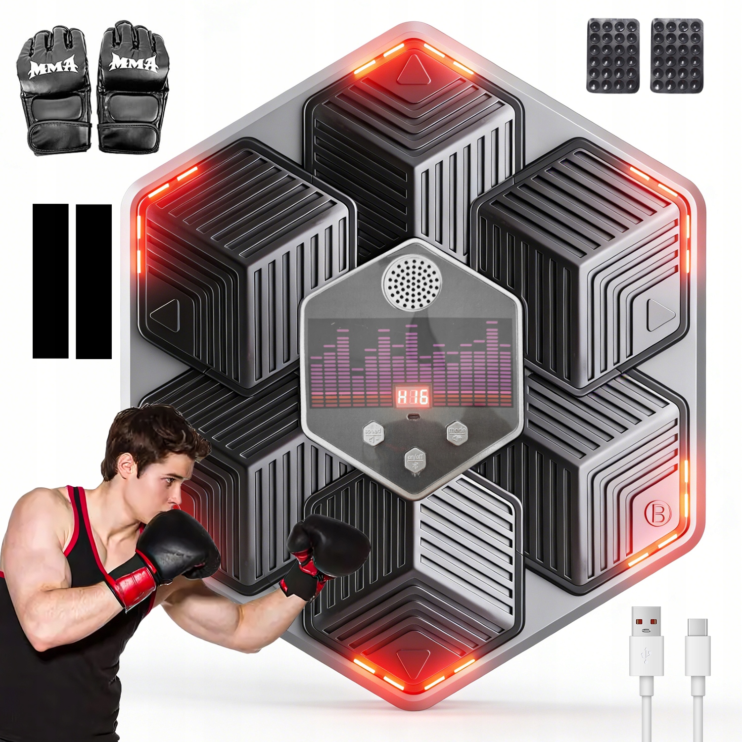 Sześciokątna Tarcza Bokserska Led Smart Trener Boksu 14 Trybów Treningowych