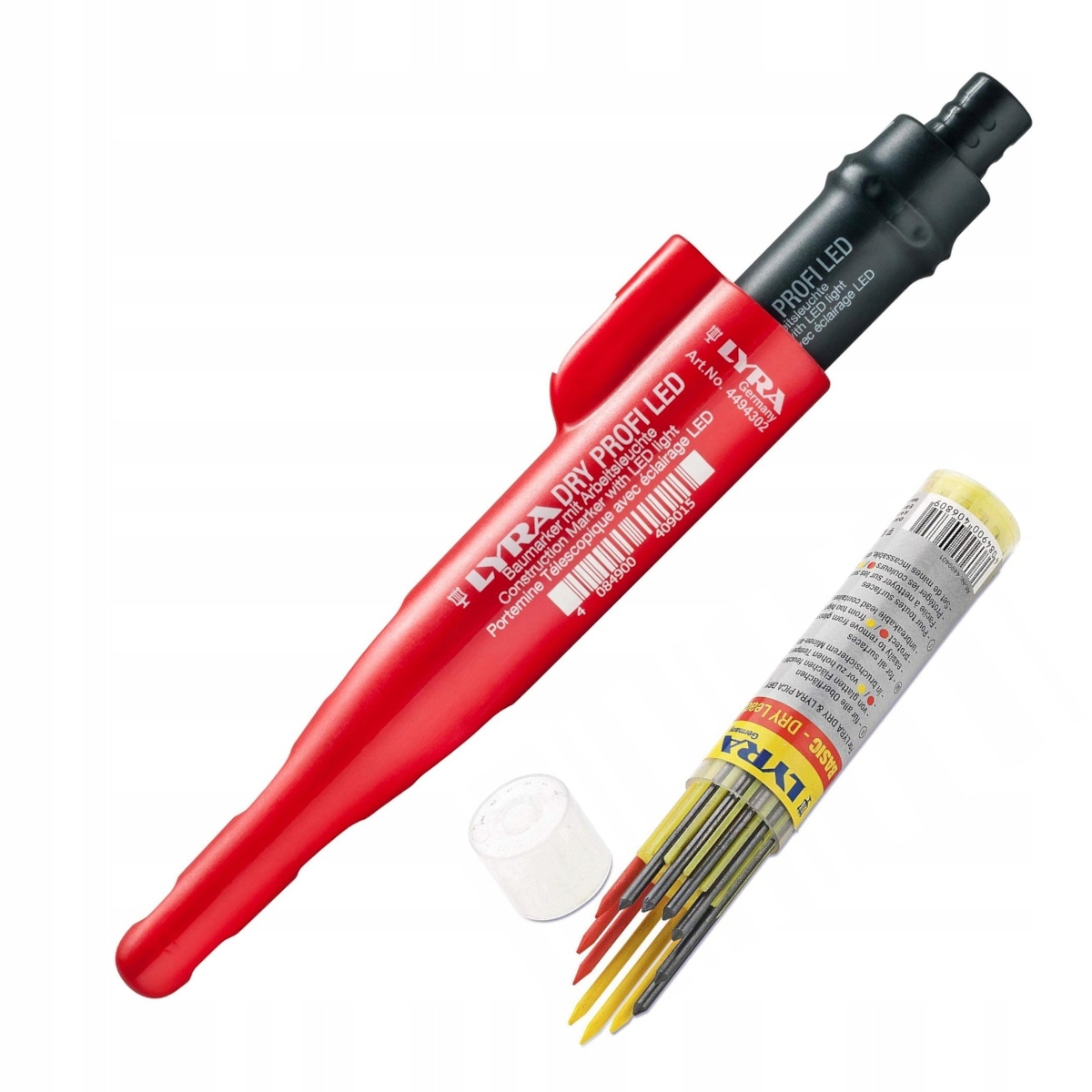 OŁÓWEK BUDOWLANY MARKER Z LAMPKĄ LED LYRA DRY PROFI + WKŁADY KOLOROWE 1+12