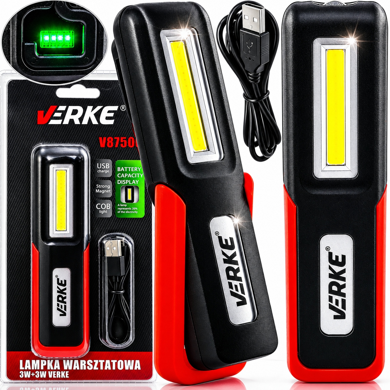 Lampka Warsztatowa Robocza Led Cob Latarka Akumulatorowa Z Magnesem Hak Usb
