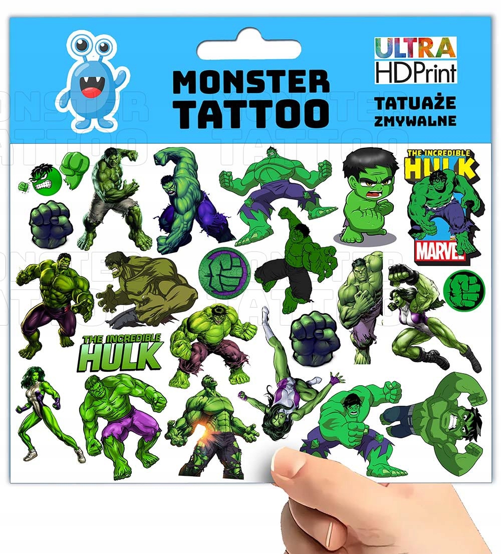 TATUAŻE ZMYWALNE TYMCZASOWE DLA DZIECI DZIECIĘCE HULK WZORY ORYGINALNE Marka Inna