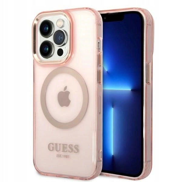 Etui Guess Gold Outline Translucent MagSafe na iPhone 14 Pro różowe