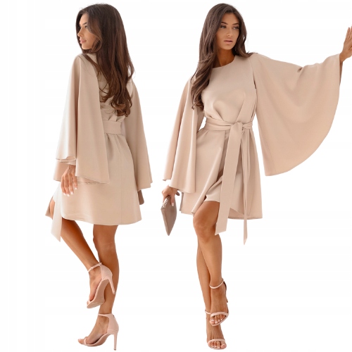 Trapezowa Sukienka Długi Szeroki Rękaw Wiązanie Beż