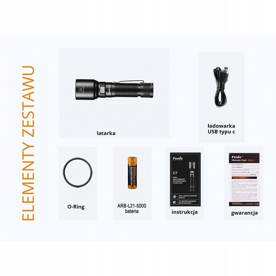 Latarka led Fenix C7 Aku 21700 5000mAh USB-C 3000l Model fenix c7