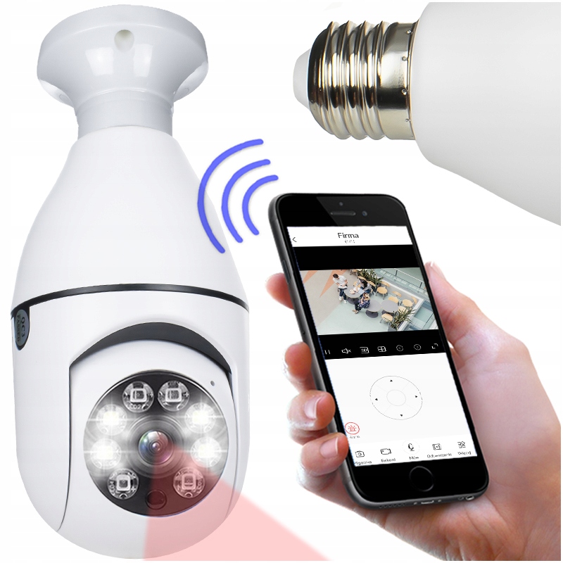 Obrotowa Kamera Ip Żarówka Gwint E27 360 Tryb Nocny Podgląd Na Żywo Zoom Hd
