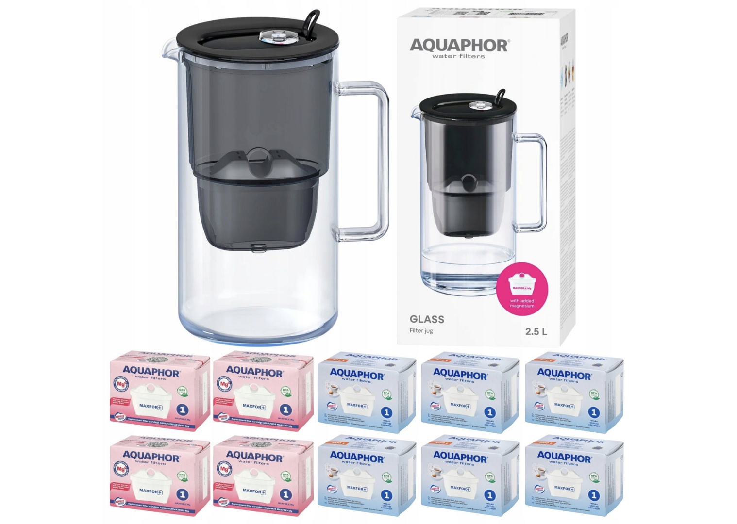 Szklany Dzbanek filtrujący Aquaphor Glass Czarny +10 filtrów (Maxfor+ i Mg)