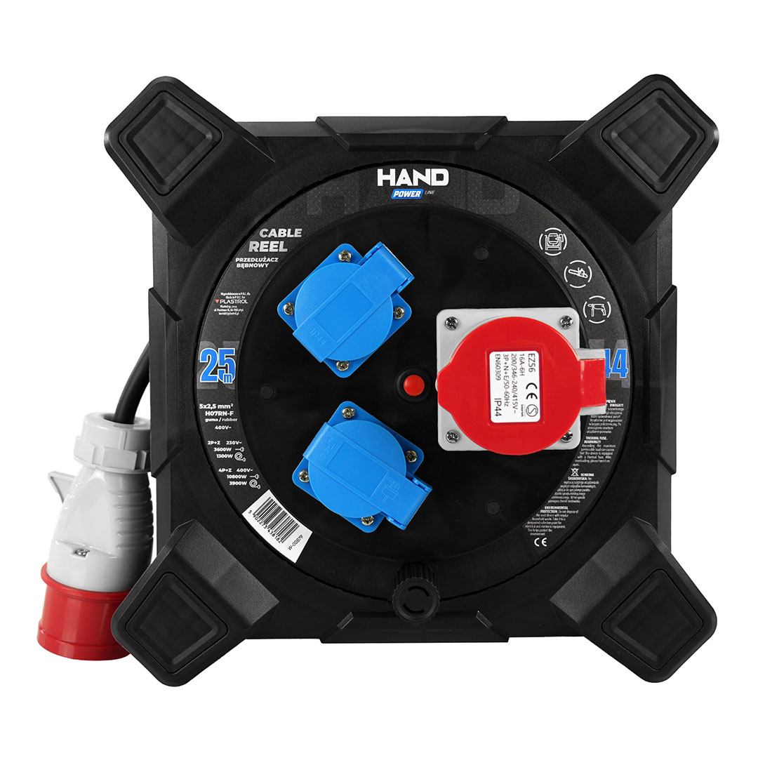 Predlžovací Kábel bubnový silový Plastrol W-00879 Hand 25 m IP44 3 zásuvky 5x2,5 mm
