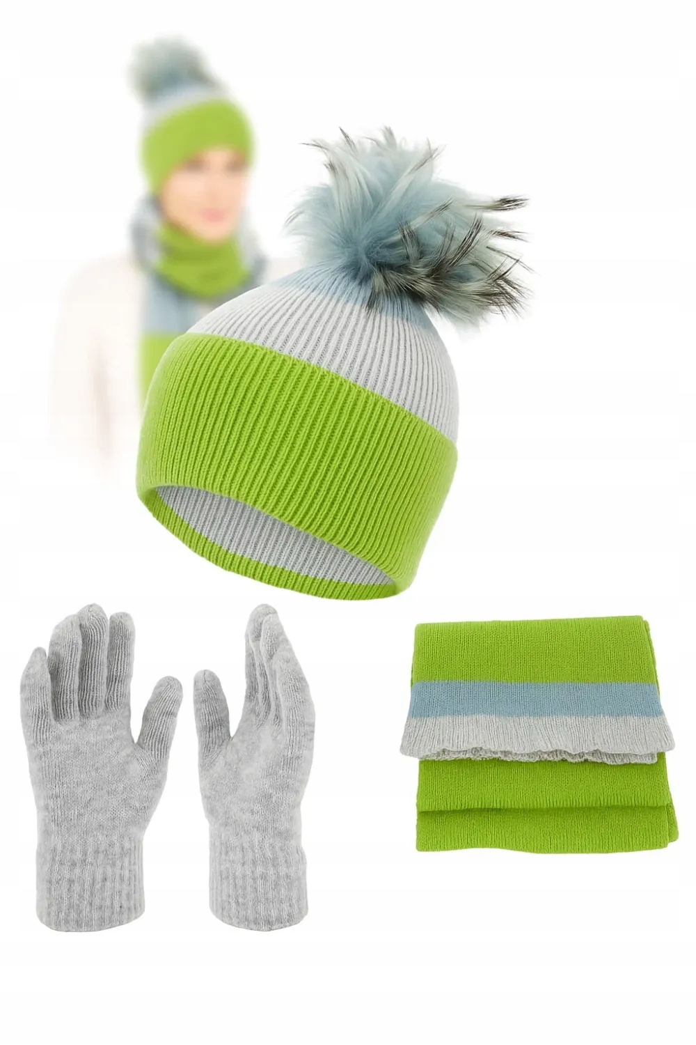 Dámský zimní komplet W453A Polar Fashion – Čepice Šála Zeleno-šedá