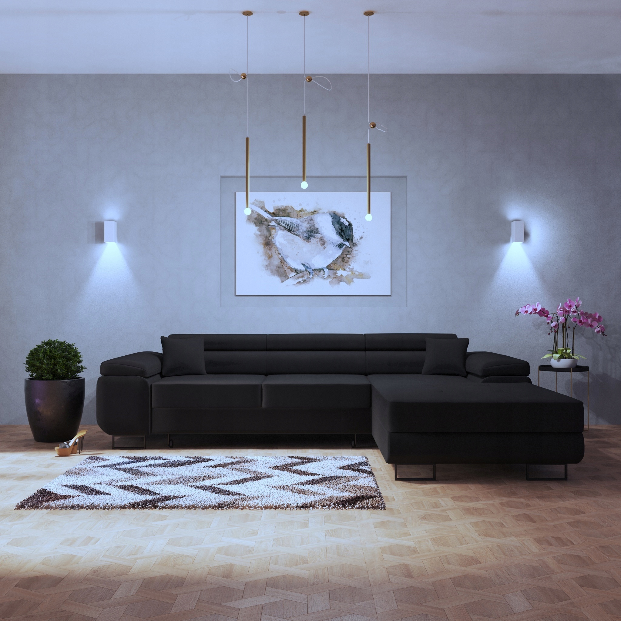 

Kanapa narożna czarna, narożnik spanie pojemnik