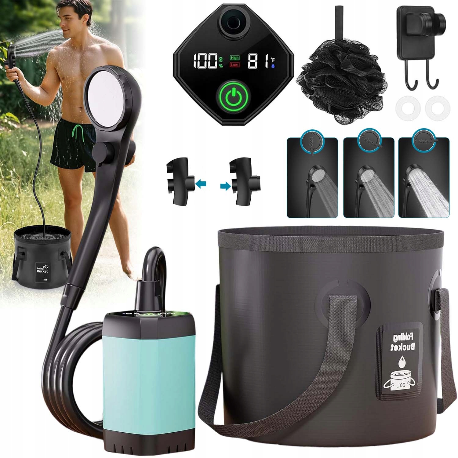 Turistická Sprcha Kempingová Usb Pumpa 6000MAH Přenosná Sada Kyblík