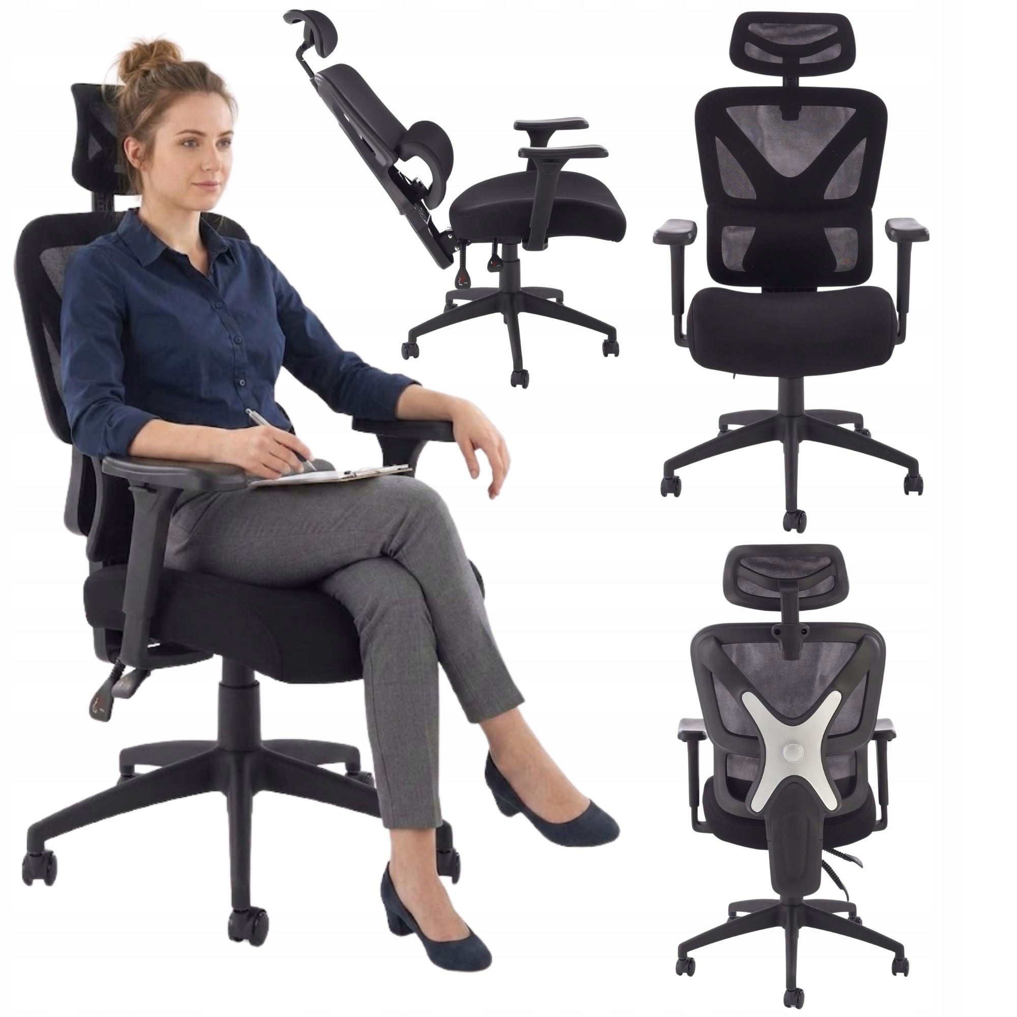 Ergonomická Stolička čierna do kancelárie, nastaviteľná otočná opierka hlavy