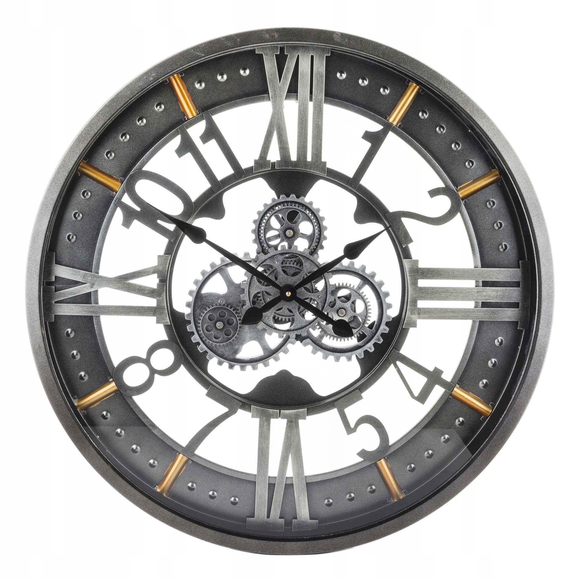 

Szary duży metalowy zegar z ruchomymi zębatkami