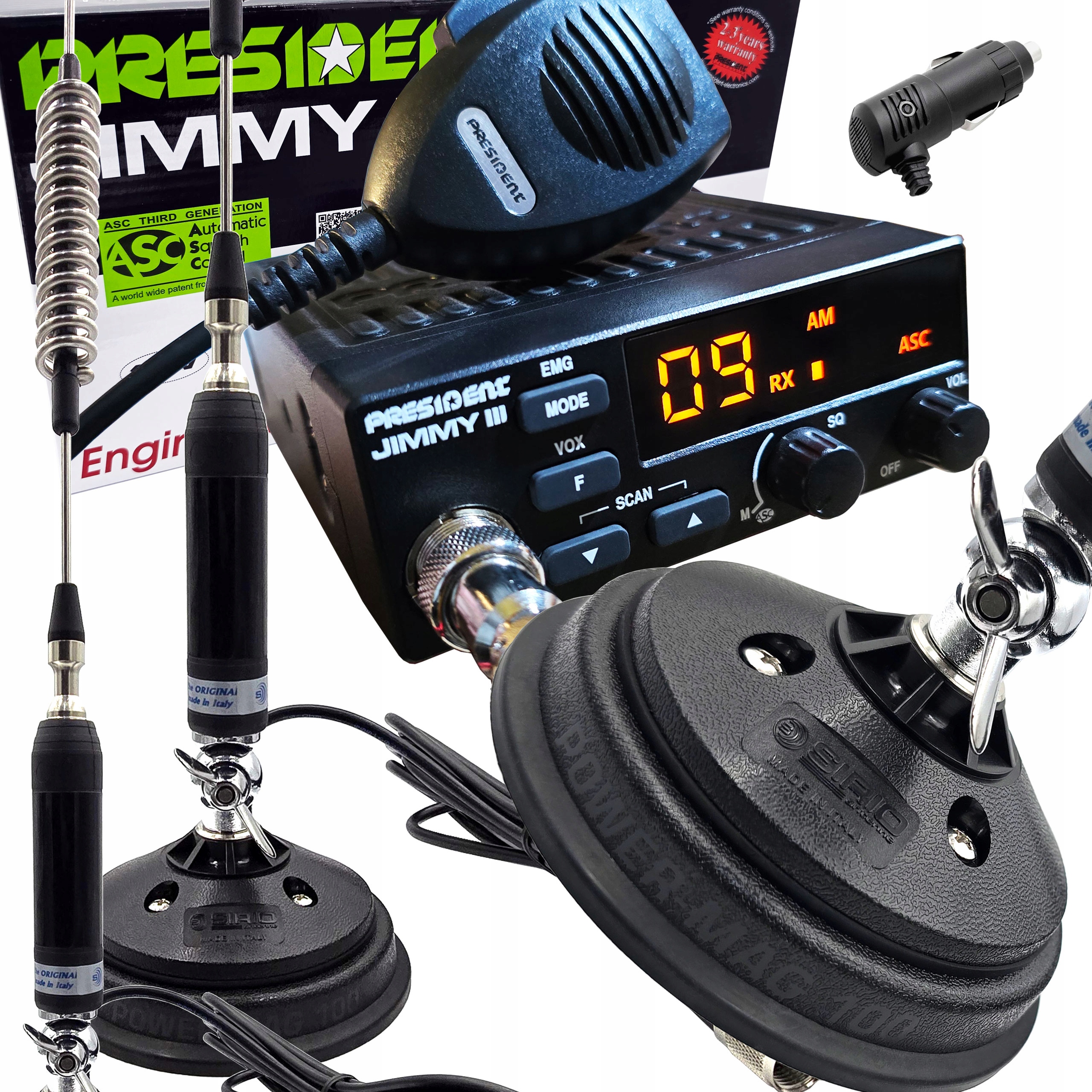 Cb sada President Jimmy III Asc anténa 82 cm Sirio magnet PM100 Bus OFF-ro