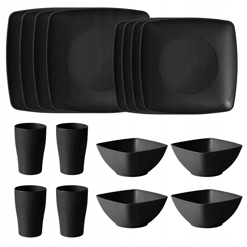 Zestaw 4 Osobowy Naczyń 16 Sztuk Kwadratowe Talerze Miski Kubki Bez Bpa