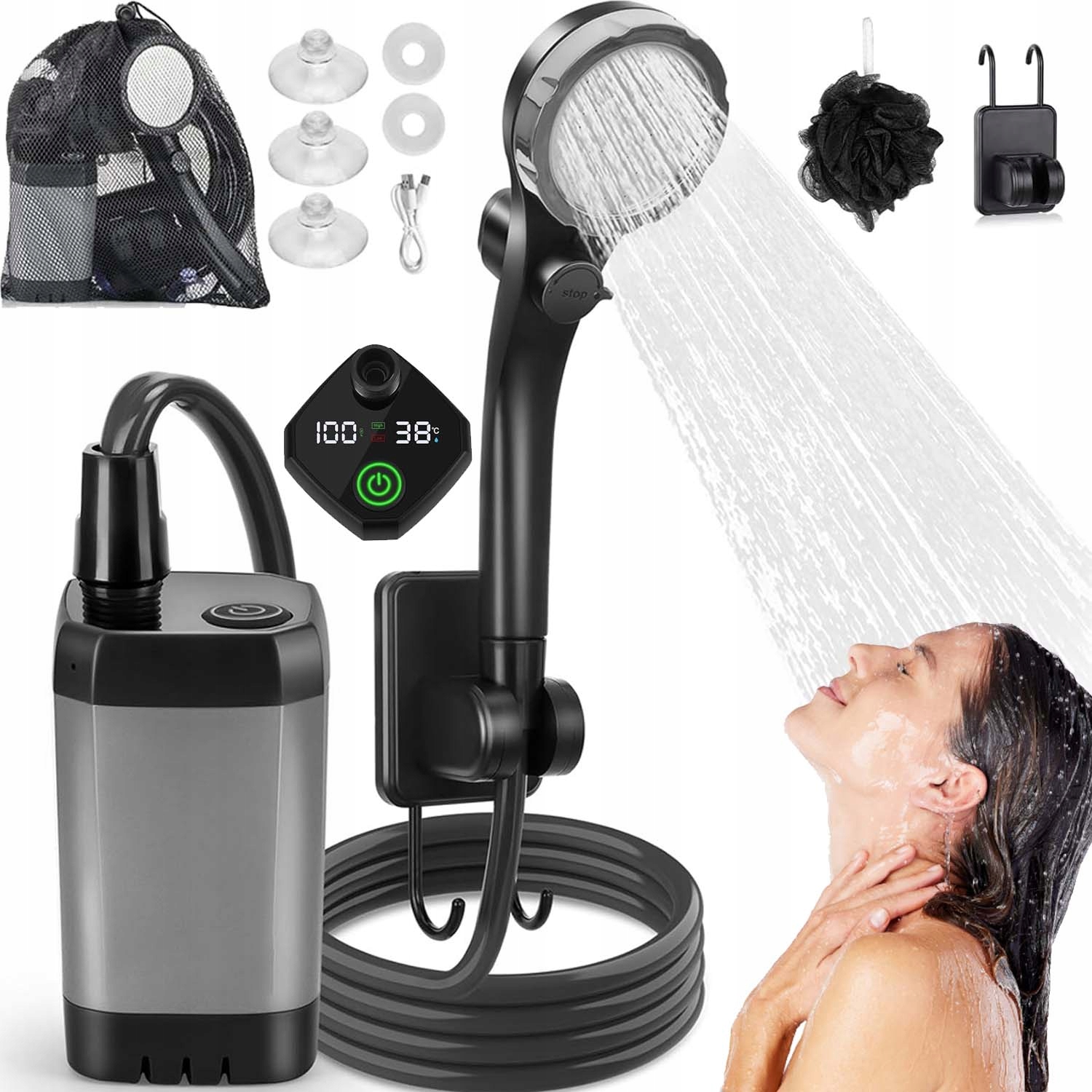 Prysznic Turystyczny Kempingowy 3 Tryby Wydatku Wody 6000MAH 12V Z Pompką