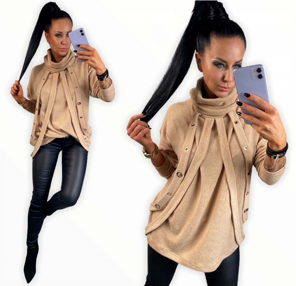 

LipMar luźny sweter golf ozdobne pasy szelki S 36
