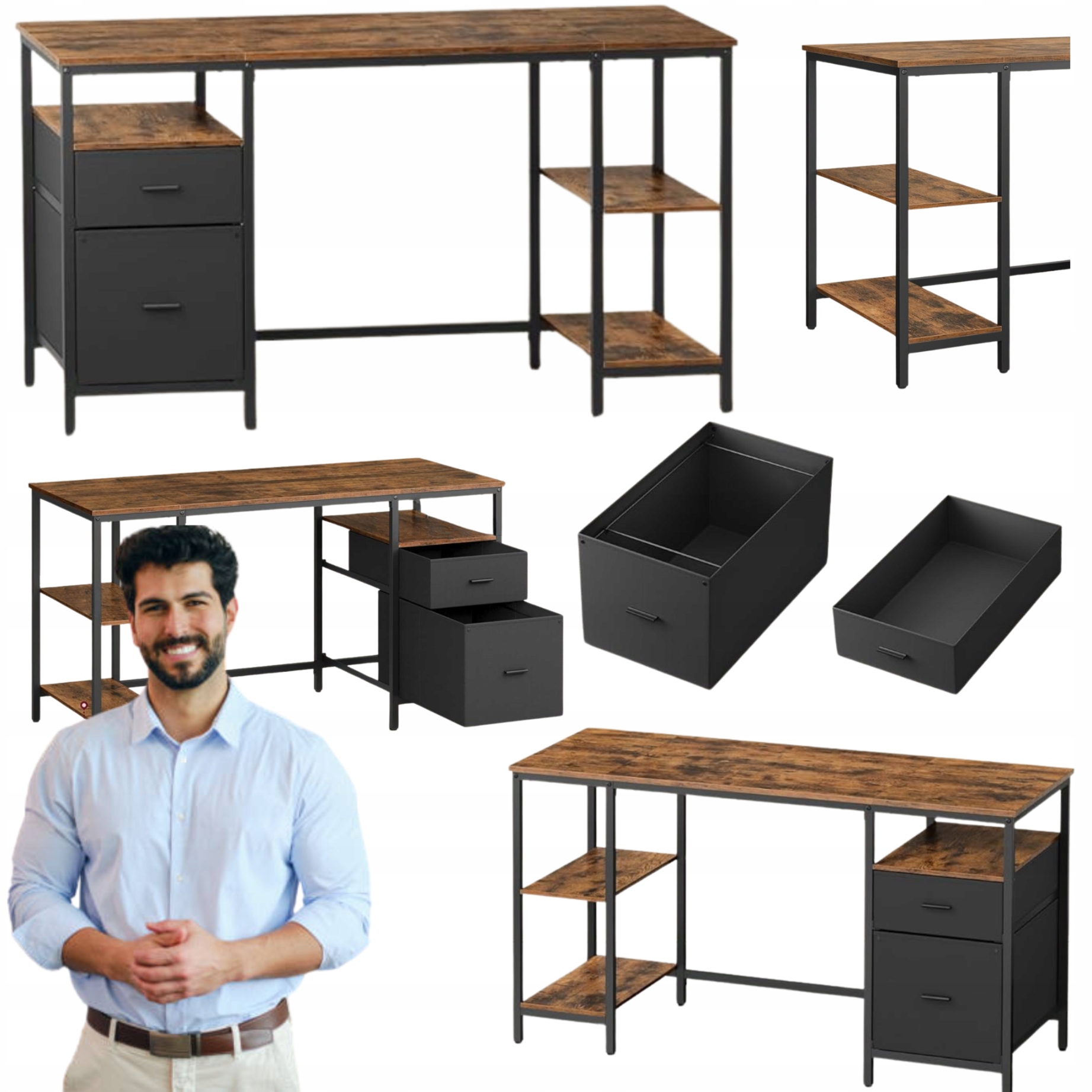 Pracovný stôl Industriálny kancelársky stôl s zásuvkami a policami