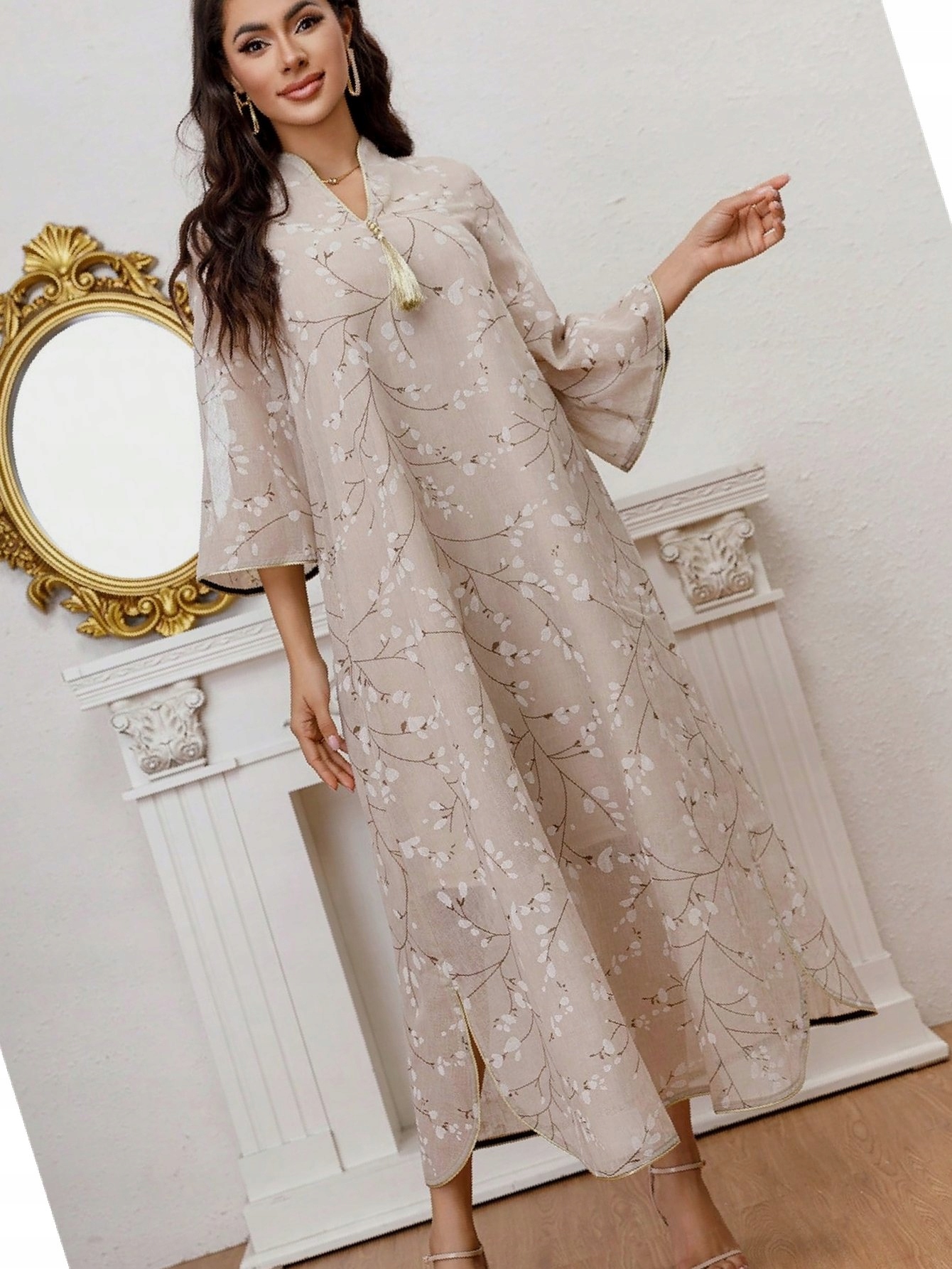 Šaty Maksi s rostlinným motivem Béžová Toleen v arabském stylu M 38