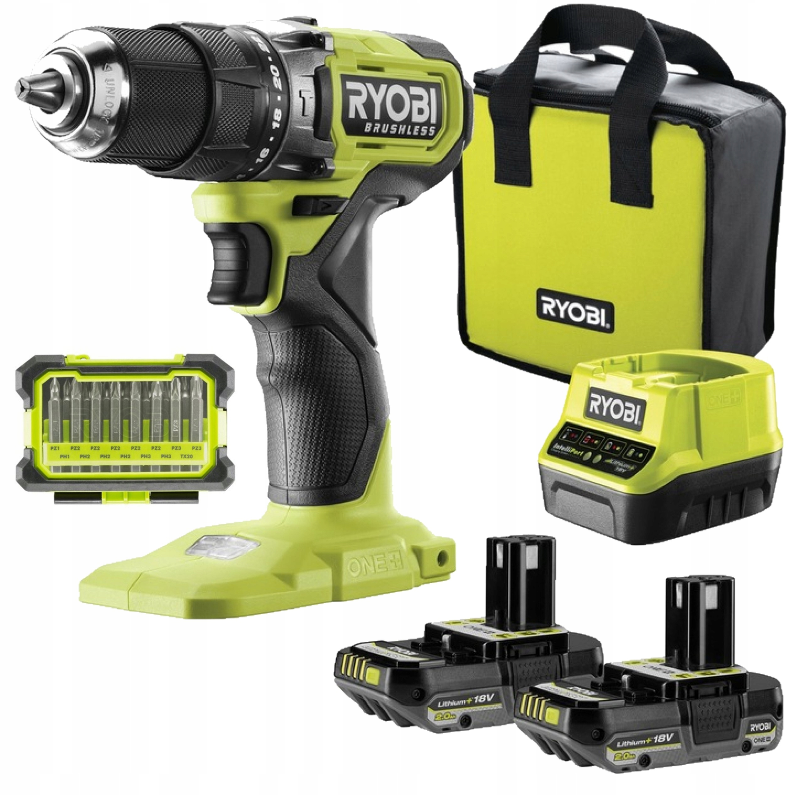 Ryobi Wiertarko-Wkrętarka Udarowa 2x2.0Ah Ładowarka Zestaw bitów 15 szt.