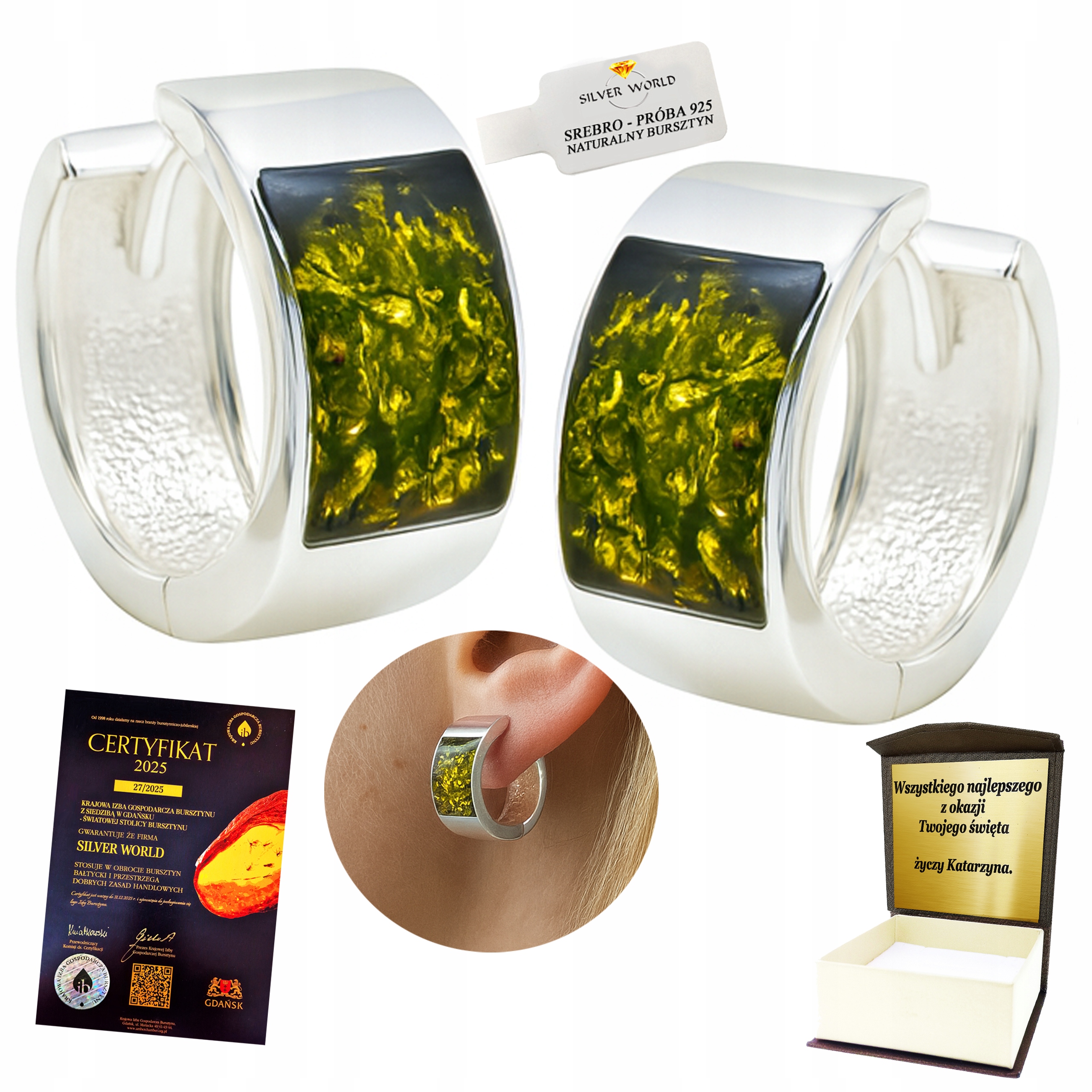 Stříbrné Náušnice S Jantarem, Zavěšené Na Tyči, Kolečka Kreolky+bonus