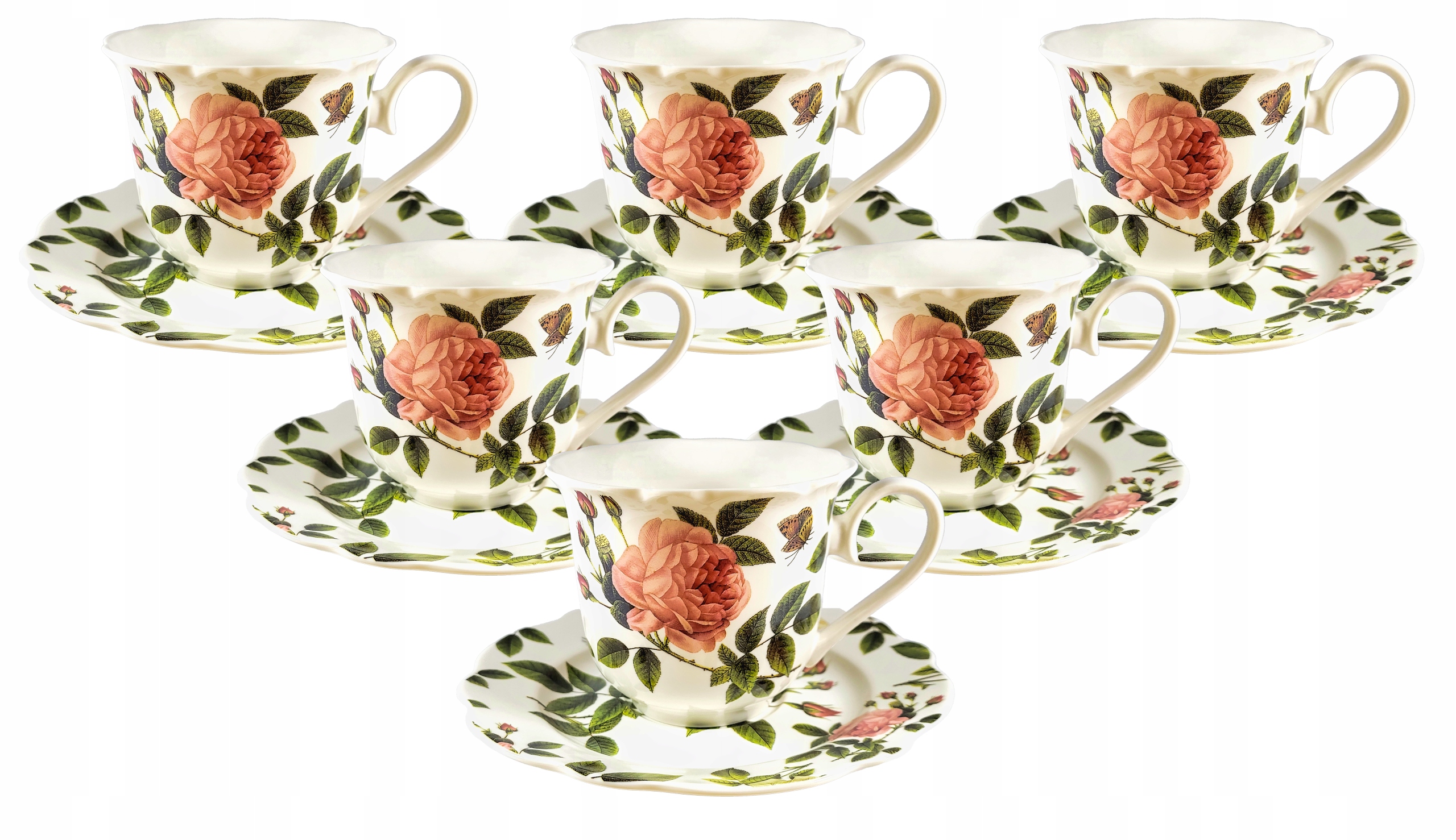 Komplet 6 sztuk filiżanka spodek porcelana do kawy herbaty Róża 250ml