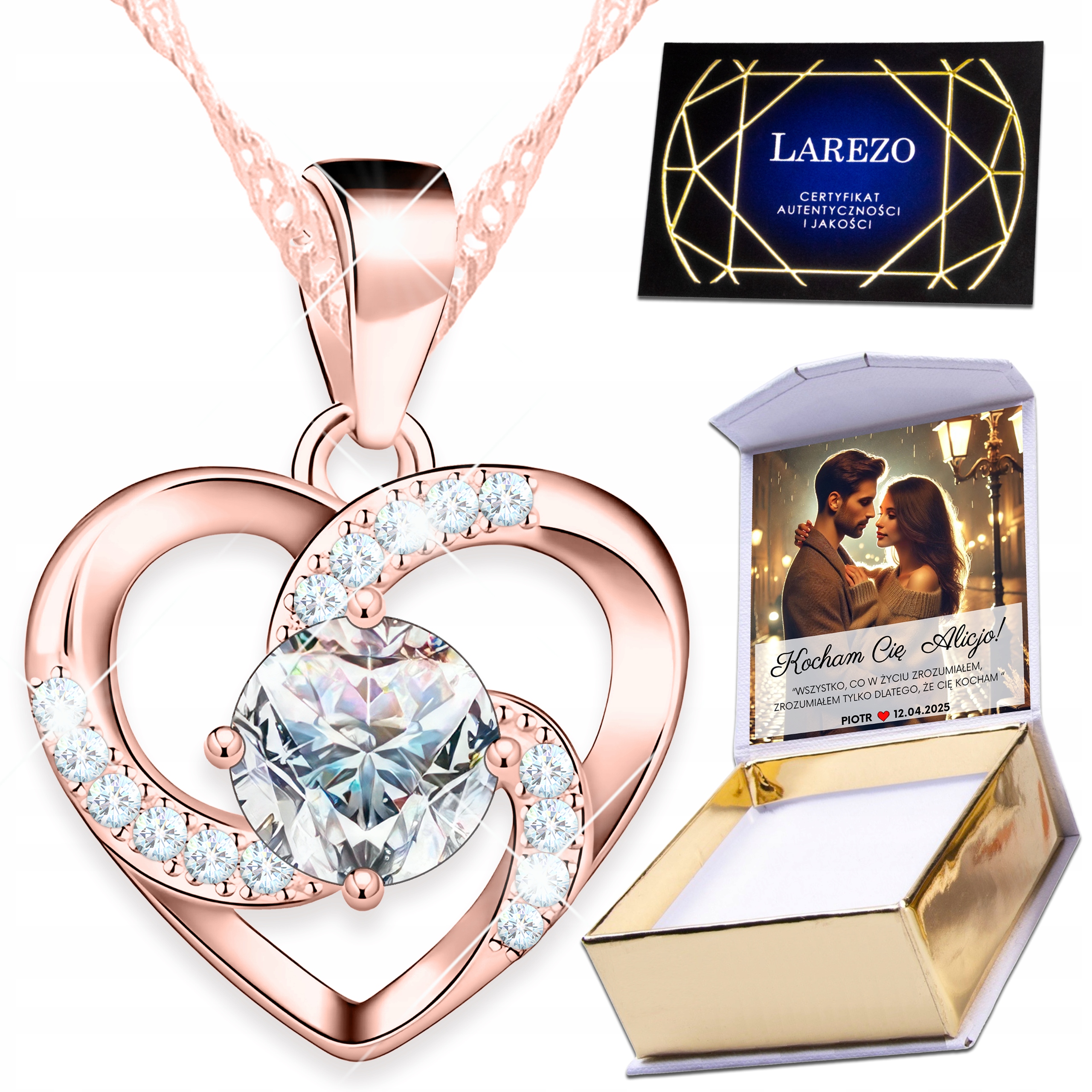 Náhrdelník Pozlacený 925 Srdce Bílé Očko Křišťál Lesklý Zirkon Potisk