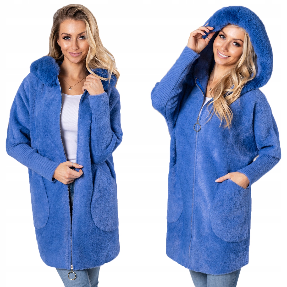 Nadýchaná Alpaka Kabát Kapuce s kožešinou Měkký, teplý, dámský, Modrý