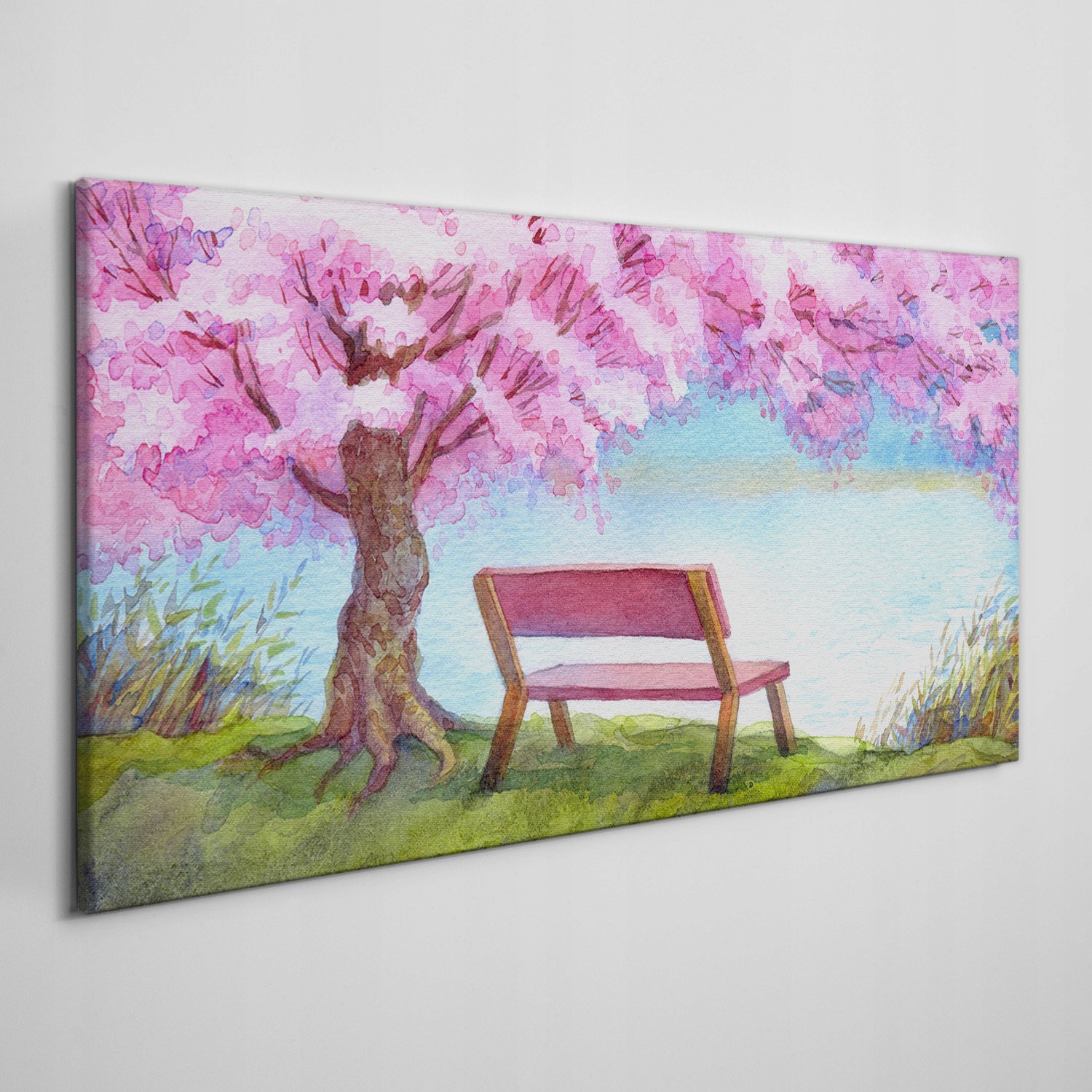 

Obraz na płótnie Ławka drzewo kwiaty woda 120x60