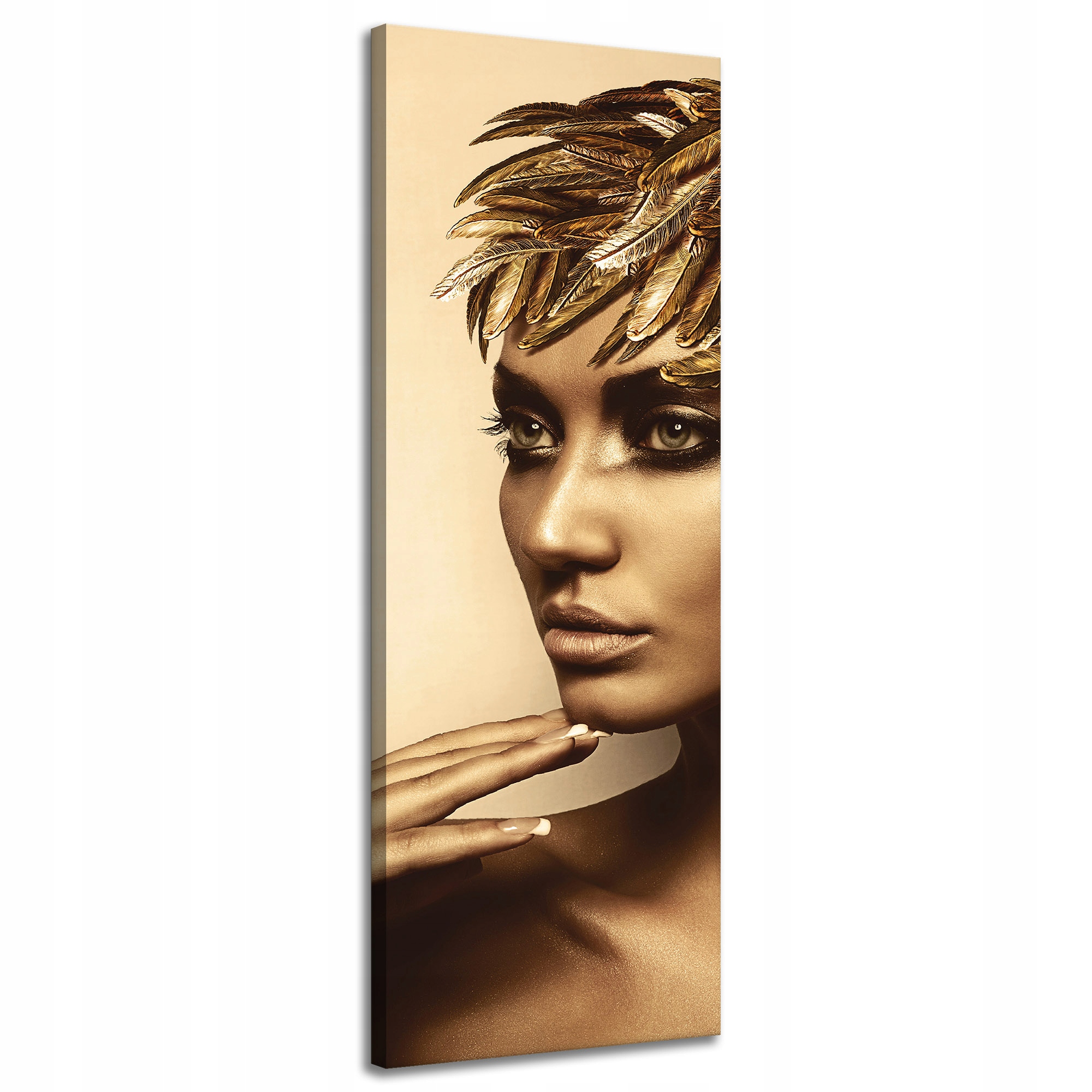 Obraz na plátně Zamyšlená žena Zlaté barvy peří 40x120 cm