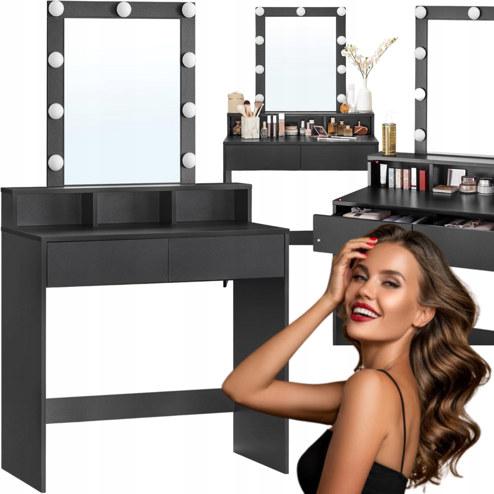 Toaletka Čierna Kozmetická so Zrkadlom Žiarovkami Písací stôl Komoda na kozmetiku