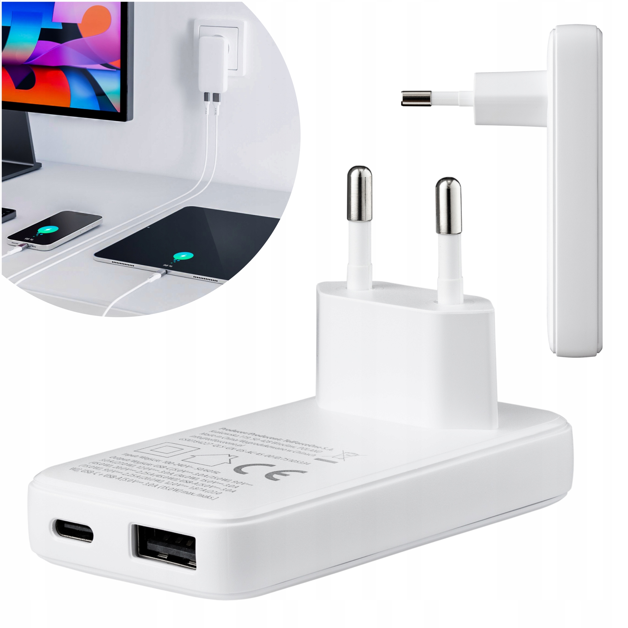Qualo ładowarka Usb-c Usb-a sieciowa GaN Pd 45W biała kątowa płaska szybka