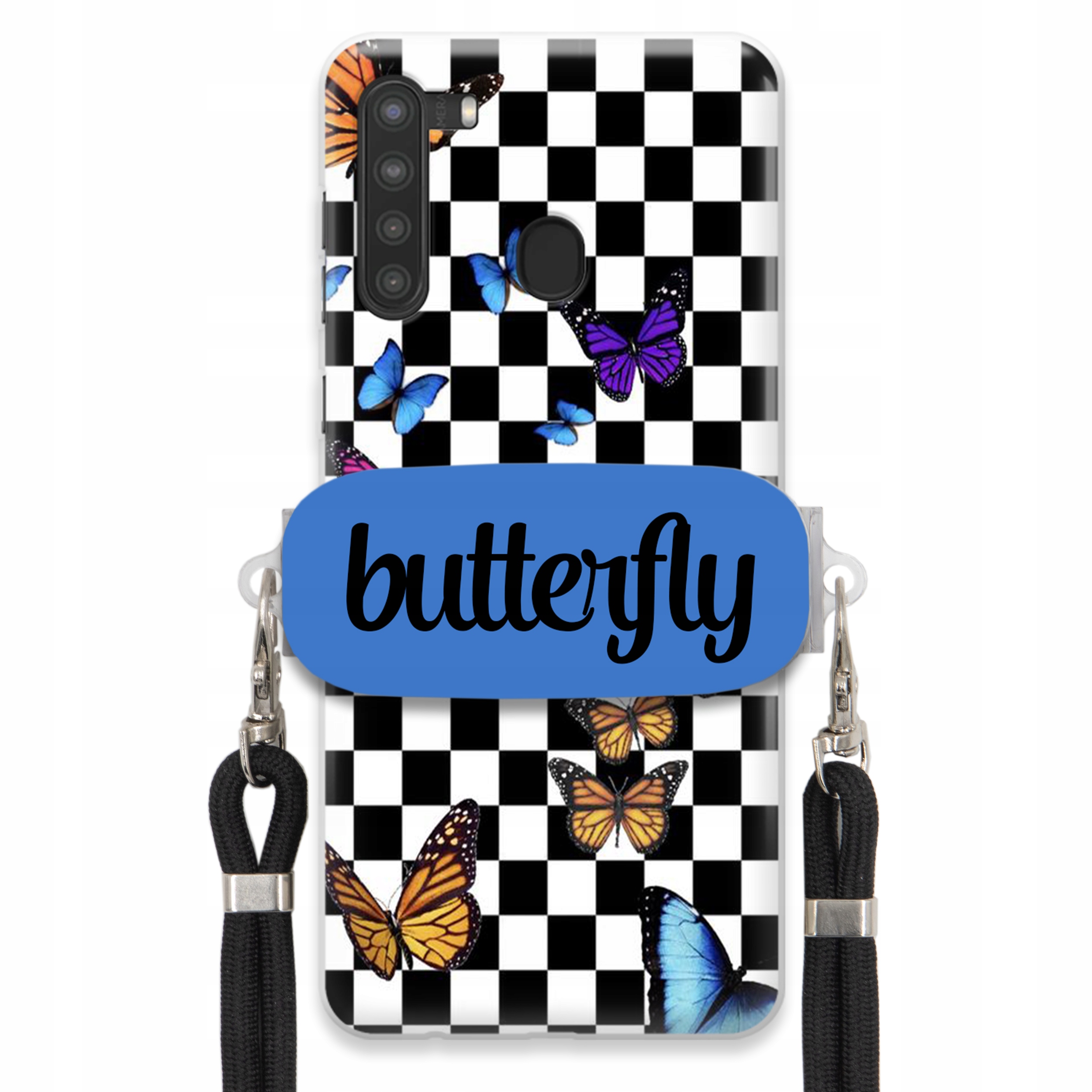 Pouzdro Pro Samsung A21 Case Obdélníkový Držák Černé Vodítko Butterfly Motýli
