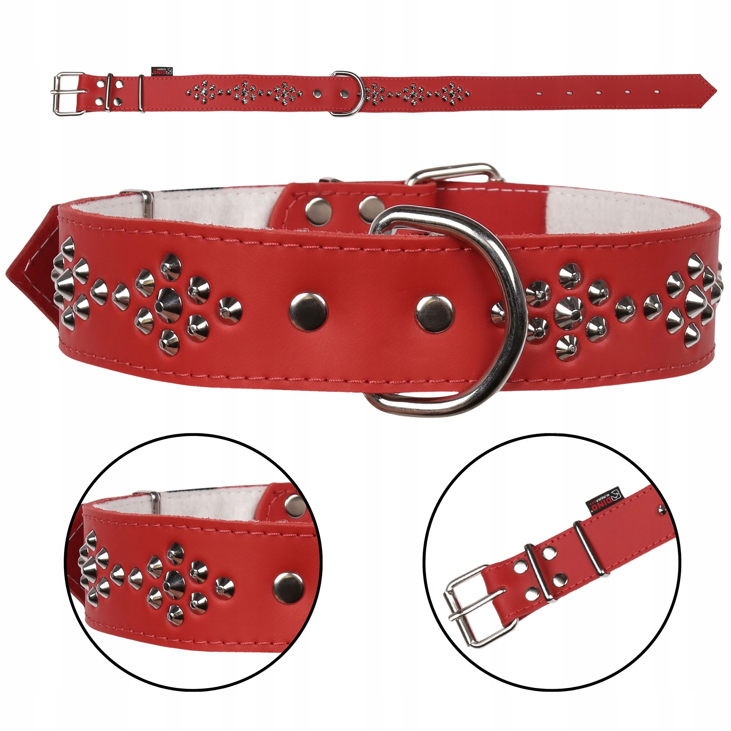 Levně Červený kožený obojek s cvočky, pevný obojek pro psa 40mm/67cm