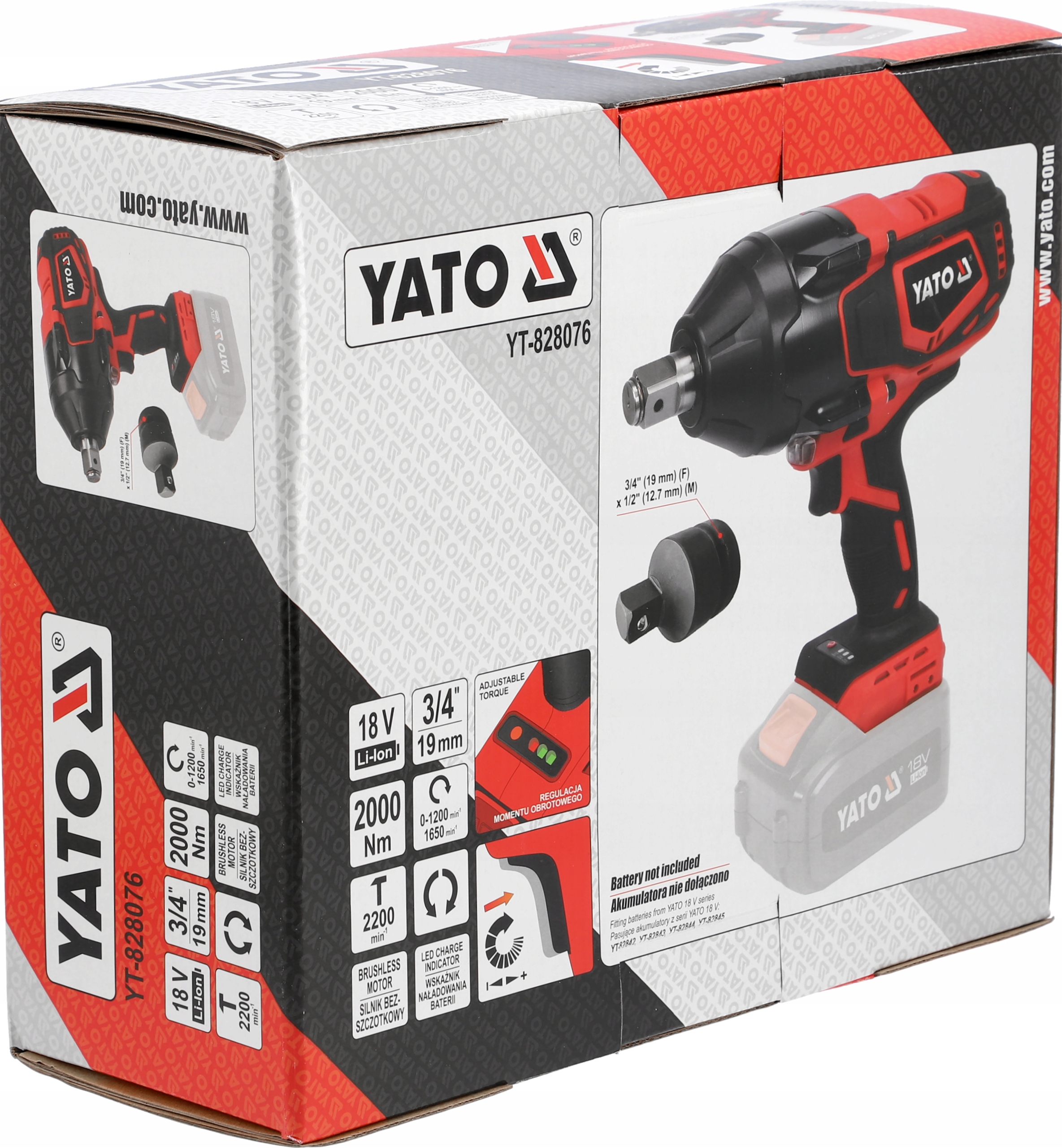 YATO KLUCZ UDAROWY AKUMULATOROWY 18V 3/4'' 2000NM ADAPTER 1/2'' KORPUS Pojemność akumulatora 0 Ah