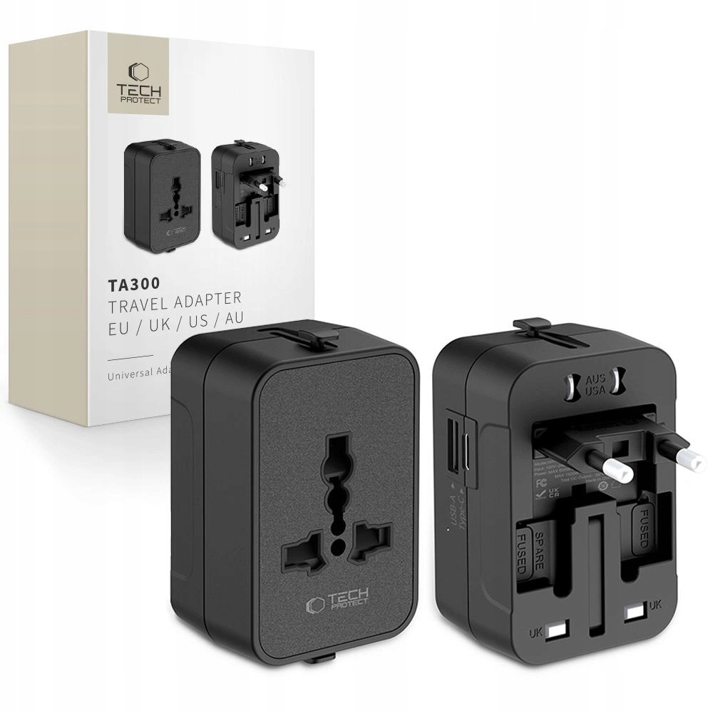 Adapter podróżny Tech-Protect TA300 Travel Adapter Eu Uk Au czarna