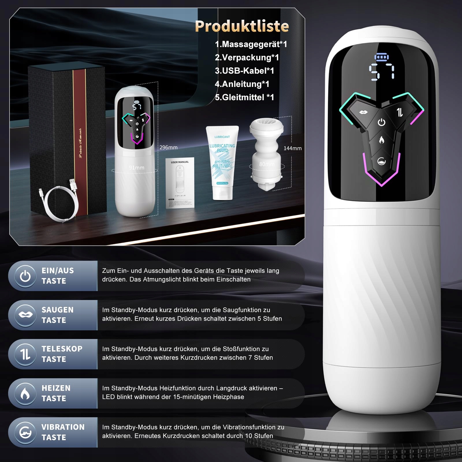 APP MASTURBATOR Dla Mężczyzn Z 10 Wibracjami 7 Teleskopami 5 Trybami Ssania — miniatura 9
