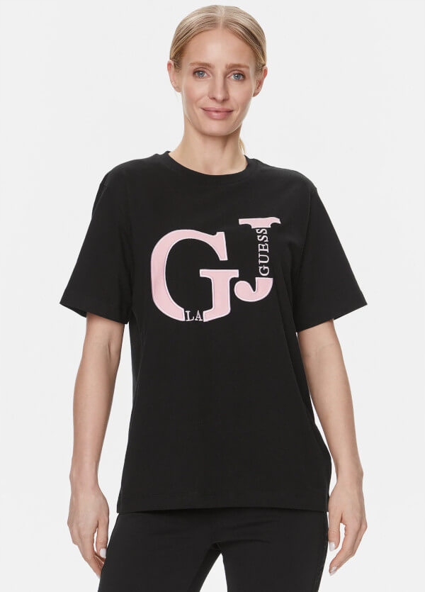 Guess Tričko s vyšitým logem, černé, velikost M