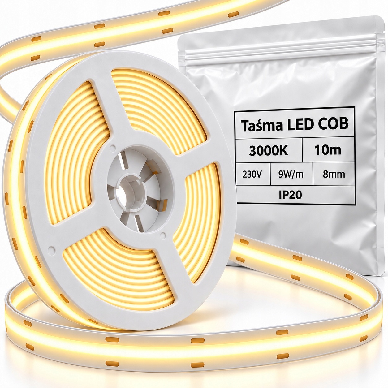 Cob Led páska 10 m 230V 3000K 9W/m 8 mm IP20 pro osvětlení interiéru domu