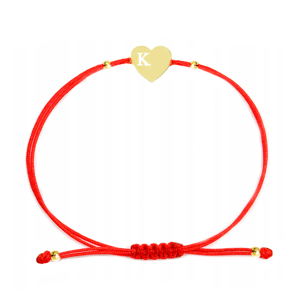 Zlatý náramek na šňůrce, písmeno K v srdci s kuličkami, zlato 585
