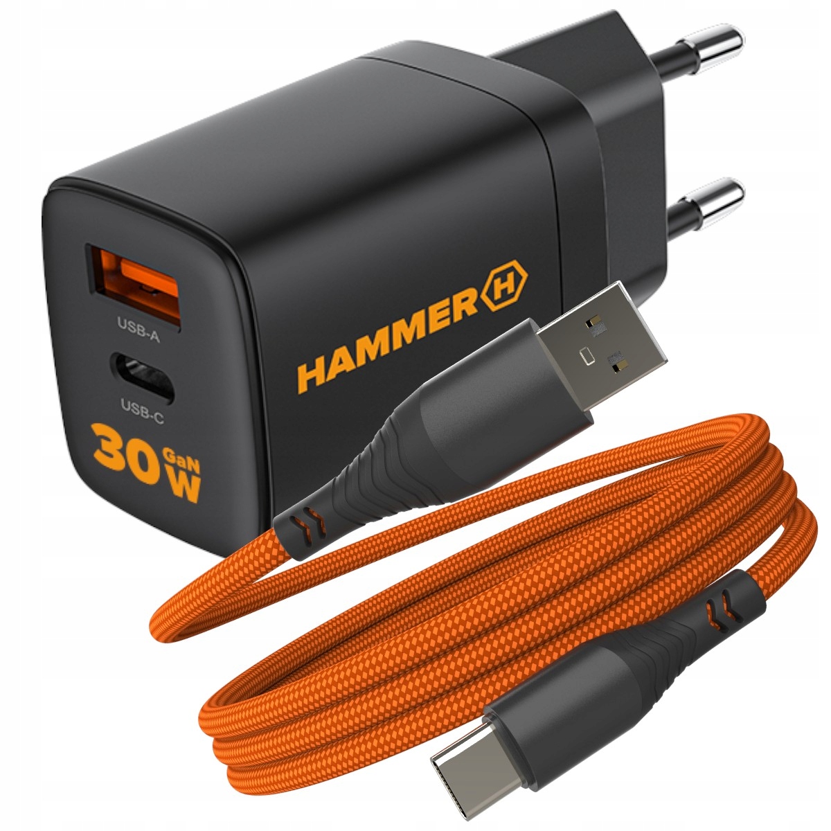 Hammer szybka ładowarka kostka 30W Usb-c mocny kabel 65W nylonowy oplot