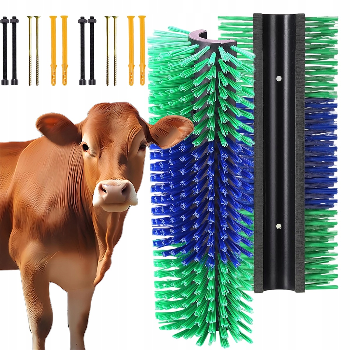 Niebiesko-zielona szczotka z nylonu do masażu bydła i koni łatwy montaż